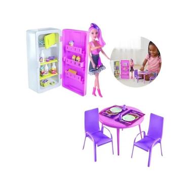 Imagem de Kit Cozinha Infantil com Boneca Mesa Cadeiras Geladeira Armário Rosa Lua de Cristal