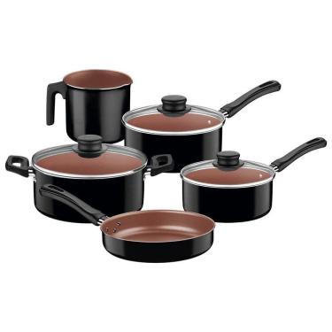 Imagem de Jogo de Panelas Caribe Kit 5 Peças em Alumínio Preto com Tampas de Vidro Temperado e Frigideira 20CM