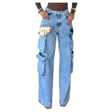 Imagem de Calça Cargo Feminina Wide Leg Cintura Alta Clara bolso Cidar, Jeans, C