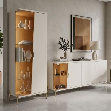 Imagem de Kit Aparador Buffet 182cm e Cristaleira 1 Porta Pés Industrial Dourado Mosele C04 Off White Matte Freijó - Lyam Decor