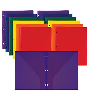 Imagem de Samsill Pastas de plástico duráveis com 3 furos, pacote com 12 cores sortidas, 2 bolsos transparentes, usadas para escritório e material escolar, 10174