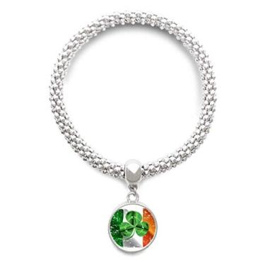 Imagem de DIYthinker Pulseira de prata verde com pingente redondo da bandeira nacional do trevo da Irlanda
