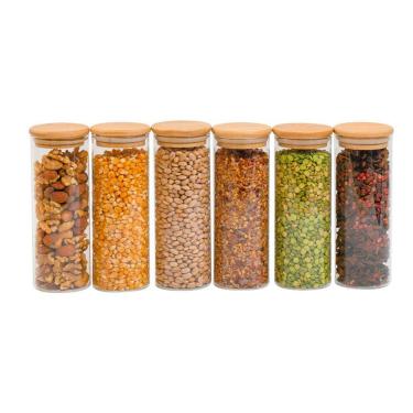 Imagem de Kit 6 potes de vidro 450ml com tampa de bambu herméticos redondos - Tüd