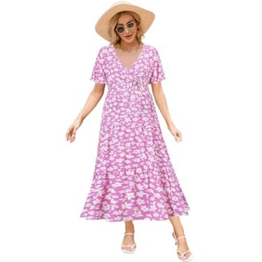 Imagem de FUNJULY Vestido feminino para gestantes, gola V, manga bufante, plissado, para chá de bebê ou uso casual, Rosa e branco, M