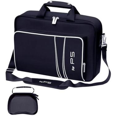 Imagem de omarando Bolsa de transporte para consola de jogos, compatível com a PS5 ou PS5 Slim, bolsa de transporte de viagem para o comando de jogos e acessórios, caixa protetora do comando incluída (Black-White)