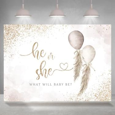 Imagem de Rsuuinu 2,1 x 1,5 m fundo revelador de gênero ele ou ela balão boho inverno chá de bebê fotografia fundo recém-nascido revelação gênero decoração suprimentos decoração decoração bolo mesa banner