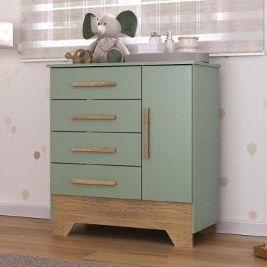 Imagem de Cômoda Infantil 4 Gavetas 1 Porta Catavento Rodial, Verde/Nature