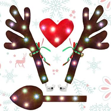 Imagem de Frienda Chifre de carro de Natal com luz LED, kit de carro de chifres de Natal de rena com luzes LED, chifres de rena, nariz, cauda, decorações de Natal de rena para carro