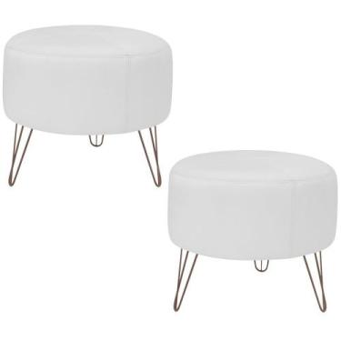 Imagem de Kit 02 Puffs Decorativos Redondo Pés Metal Couro Branco Fosco - Gran B