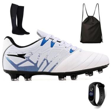 Imagem de Kit Chuteira Futebol Campo Bico de Couro + Mochila + Meião e Relogio A