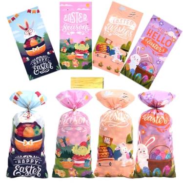 Imagem de Sacos de guloseimas de coelhinho da Páscoa, 100 peças, ovos de Páscoa, coelho, vermelho, galinha, ovo, festa, celofane com laços torcidos, sacos de presente de plástico transparente, sacos de doces