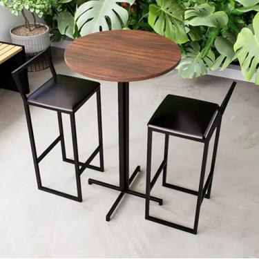Imagem de Conjunto Mesa Alta Bar Bistrô Redonda Imbuia 2 Banquetas Confort Estofado Industrial Black (Preto)