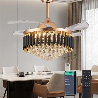 Imagem de Trssdre 42" Regulável Gold Fandelier Cristal Led Ventiladores De Teto Com Luzes E Controle Remoto Moderno Retrátil Lâmina Kit De Iluminação De Teto Ventilador Para Quarto Sala De Jantar Sala De Estar