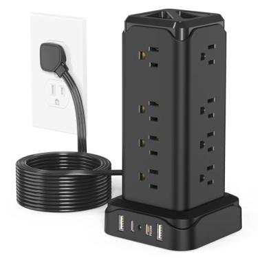 Imagem de PASSUS Réguas De Energia Com Proteção Contra Surtos, Cabo De Extensão Plano De 6 Pés Com Várias Tomadas, Torre De 16 Tomadas Ca Com 4 Portas Usb (2 Usb C) Estação De Carregamento Torre Para Escritór