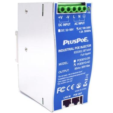 Imagem de PLUSPOE Injetor Gigabit Industrial Poe++ 95W Compatível Com Ieee 802.3Bt/At/Af, Entrada Ac120V, Adaptador Poe De Alta Potência Reforçado Com Montagem Em Trilho Din