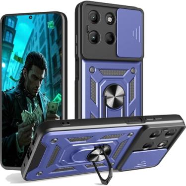 Imagem de Capa CSmall para Motorola Moto G15 com capa de lente de câmera deslizante, grau militar à prova de choque com anel giratório Kickstand capa de proteção definitiva para Motorola G15 SJ azul