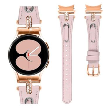 Imagem de DEALELE Pulseira compatível com Samsung Galaxy Watch 6/Galaxy Watch 5/Galaxy Watch 4 de 40 mm e 44 mm, pulseira de couro de diamante brilhante de 20 mm para mulheres e homens, rosa-cinza