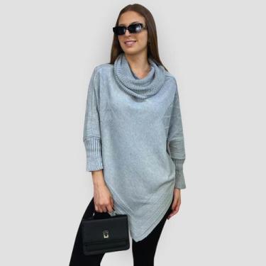Imagem de Poncho Bico Tricot Gola Alta Punho Feminino Inverno Casaco - GIP, Cinz