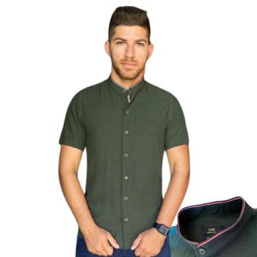 Imagem de Camisa Masculina Gola de Padre No Linho e Algodão Com Botões e Colarin