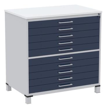 Imagem de Mapoteca 10 Gavetas Pandin 120 Cm (larg) Inmetro Tampo Mdp Branco Estrutura Aço Cinza Gavetas Azul