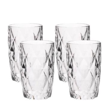 Imagem de Jogo 4 Copos De Vidro Diamond Diamante Transparente Resistente 400ml Em Casa Tem