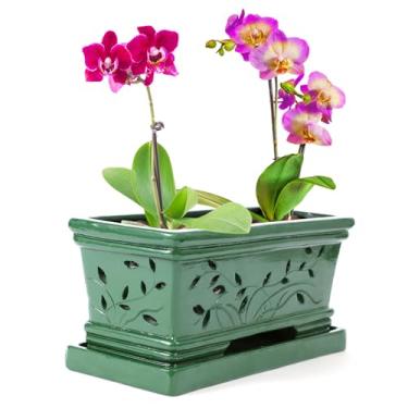 Imagem de Tbpro Vaso de orquídea de 25 cm com furos e pires, retangular, verde, terracota, orquídea, flor, suculenta, vaso com drenagem e pires, vaso para plantas internas e externas