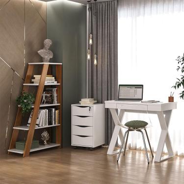 Imagem de Conjunto de Escrivaninha com Gaveteiro e Estante de Escritório Star Bit Veneza 5 gv Branco e Freijó