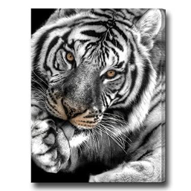 Imagem de Biuteawal Arte de parede de tigre preto branco para sala de estar pintura de tigre com olhos marrons impressões em tela imagem de animal selvagem decoração de arte escritório em casa homens quarto decoração moderna pronta para pendurar
