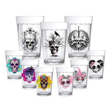 Imagem de Kit 3 Copos Americanos Vidro Personalizados 190ml Decorado C/Caveiras Fofas, de Terror e Caveira Mexicana Presente Gótico Halloween Skull Cute (Preto/DARK)