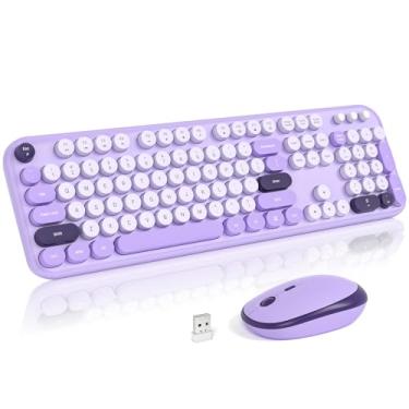 Imagem de Atelus Teclado e mouse sem fio, teclado de máquina de escrever retrô USB de 2,4 GHz e lindo mouse para Windows 7/8/10, laptop, desktop, PC, computador (roxo colorido)