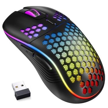 Imagem de MELOGAGA Mouse para jogos sem fio favo de mel 2,4 G USB mouse sem fio RGB recarregável para PC com luzes LED de 7 cores, 3 DPI ajustáveis para computadores desktop Windows Laptop - Preto