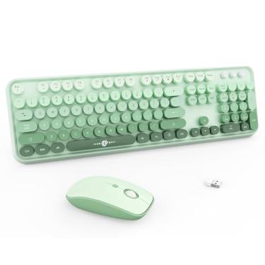 Imagem de Combo de teclado e mouse sem fio, 104 teclas redondas, fofo, colorido, estilo máquina de escrever, Letton, teclado tamanho completo com teclado numérico e mouse com 3 DPI para PC, Mac, laptop