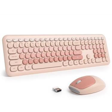Imagem de surmen Lindo teclado e mouse sem fio, máquina de escrever retrô, sem fio, silencioso, colorido, baixo ruído, 2,4 GHz para casa e escritório, 6 diários, bege