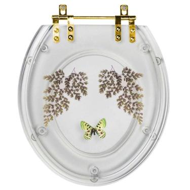 Imagem de Assento Sanitário Decorado Oval Convencional Transparente Com Borboleta Verde Para Todas As Marcas Com Ferragem Dourada