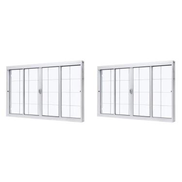 Imagem de Kit Com 2 Janelas De Aço De Correr Central 100x120cm 4 Folhas Com Grade Quadriculada E Vidro Liso Branco