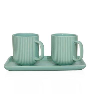 Imagem de Conjunto feito à mão de 2 xícaras de chá de cerâmica de 330 ml com bandeja Canecas de café da manhã de porcelana canelada, cortado, cappuccino, expresso latte, kulhad chai, micro-ondas e lava-louças
