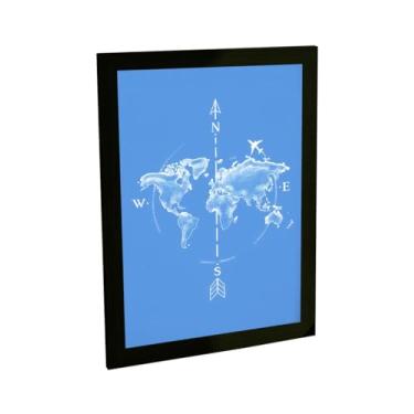Imagem de Quadro Decorativo Mapa Mundi Bussola Ilustração Azul Decoração Poster Quarto Sala