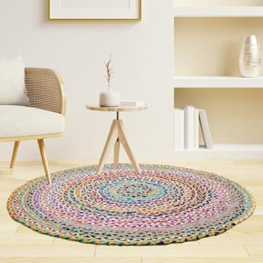 Imagem de Craft Trade Tapete de juta tecido à mão, tapete reversível trançado de fibra chindi natural, tapete multicolorido, tapete decorativo boêmio rústico para sala de estar, quarto, entrada - 1,8 m, redondo