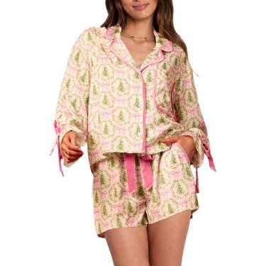 Imagem de Conjunto De Pijama De Natal Colorido Feminino Gravata Borboleta Camisa De Manga Comprida Shorts Com Babados 2 Peças De Pijamas, Yellow, XXL