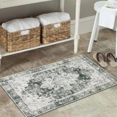 Imagem de ESSMOKO Tapetes tapete turquesa persa para casa, sala de estar, quarto, mesinha de cabeceira, lavável à máquina, vários tamanhos, clássica, preta e cinzento, 60 x 90 cm