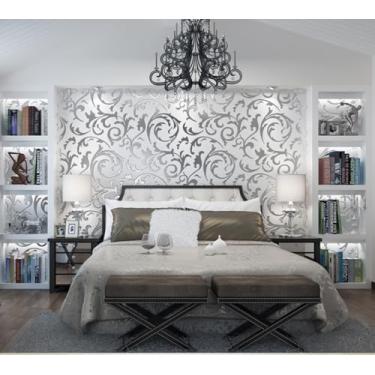 Imagem de Papel de parede de flor de gancho 3D não tecido ecológico para sala de estar quarto escritório cinza prateado 53 * 950 cm