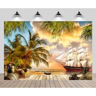 Imagem de CHNYWORK Pano de fundo de navio pirata de 3 m x 2 m, ilha tropical, palmeiras, tábua de madeira, caixa de tesouro, barris de carvalho, fundo pirata, tema de Halloween, decoração de festa de