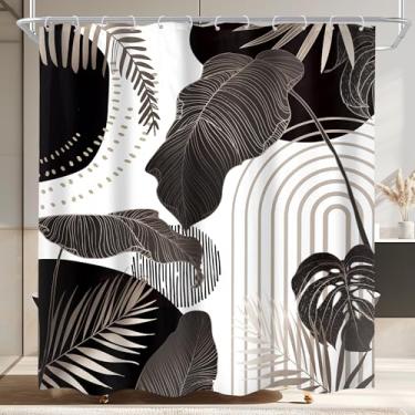 Imagem de Cinbloo Cortina de chuveiro preta Boho 72Lx72H meados do século moderno abstrato tropical Monstera cinza folha de palmeira planta minimalista conjunto de cortina de banheiro simples neutro legal