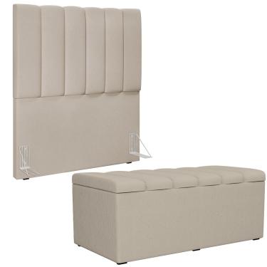 Imagem de Kit Cabeceira Cama Box Solteiro 100cm Com Calçadeira Recamier Baú Dália W01 Linho Bege - Lyam Decor