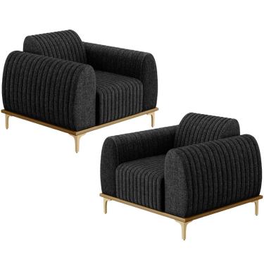 Imagem de Kit 02 Poltronas Decorativas Base De Madeira e Pés D'Ouro Molino D02 Linho Chumbo D-465 - Lyam Decor