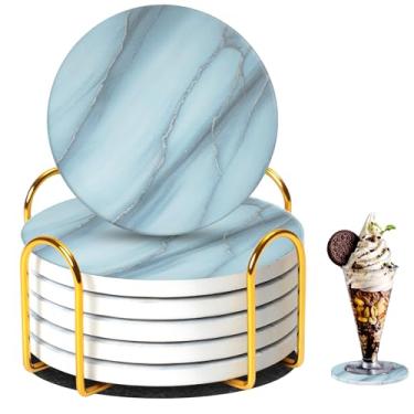 Imagem de Saraudy Conjunto de 6 porta-copos de cerâmica com suporte, estilo mármore, porta-copos absorvente para decoração de casa, carro, copos, canecas e copos (cinza)