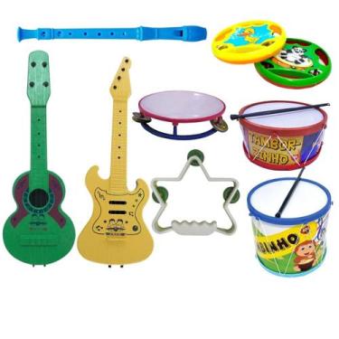 Imagem de Kit 8 Brinquedo Musical Violão Pandeiro Flauta Tambor Bumbo Infantil -