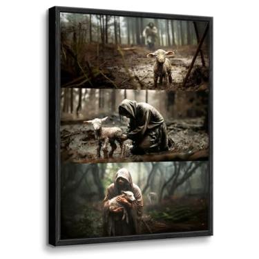 Imagem de Arte de parede com moldura preta Jesus e cordeiro Jesus Save Lost Lamb impressões em tela vintage imagens cristãs decoração de parede para quarto pinturas religiosas modernas arte decorativa (moldura