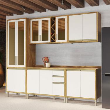 Imagem de Armário de Cozinha Modulada com Balcão com Tampo 13 Portas 3 Gavetas Pérola Premium 100% Mdf Vidro Reflecta Amêndoa/Off White - Pnr Móveis