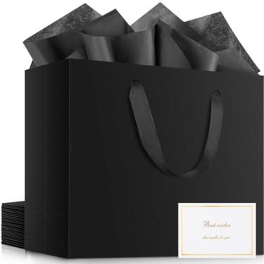 Imagem de EUSOAR Saco de presente grande, 12 sacos de compras de papel kraft preto de 40,6 x 15,2 x 30,5 cm com alças de agradecimento com 25 peças de papel de seda preto de 51 x 76 cm e 12 cartões brancos